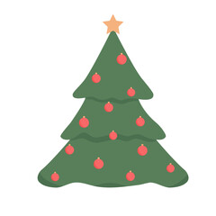 Christmas tree vector flat illustration isolated on transparent background. New Year tree with red balls and a star.