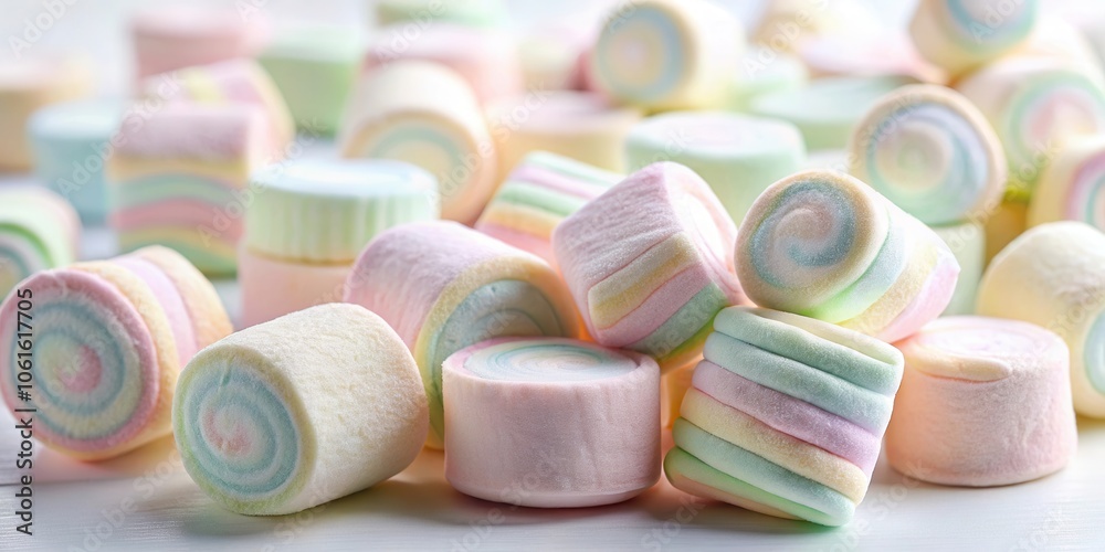 Poster a close-up of pastel-colored marshmallows with a swirl pattern, showcasing the soft, fluffy texture 