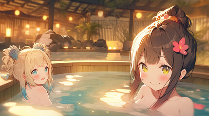 Fototapeta premium anime digital illustration of traditional japanese hot spring with girls, geothermal water source