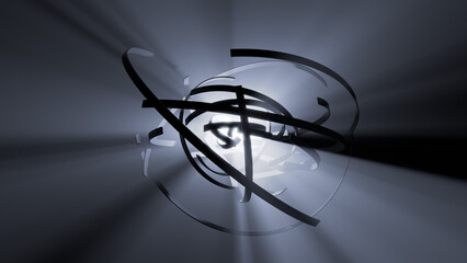 3d rendered image of semicircular shapes orbiting a bright central light source.