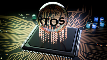 3d rendered image of a transparent orb with the letters "RTOS" on the side.  RTOS stands for "Real Time Operating System."