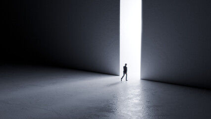 3d render of a man walking out of a dark room into a brightly lit hallway.