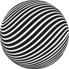 The image depicts a three-dimensional sphere created with black and white curved lines that wrap around the surface, creating an optical illusion of volume and movement. Vector outline illustration.