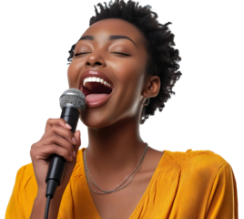 Expressive african american woman, vibrant singing microphone isolated happy, energetic karaoke music performance voice singer, entertaining vocal stylish, trendy joyful musical