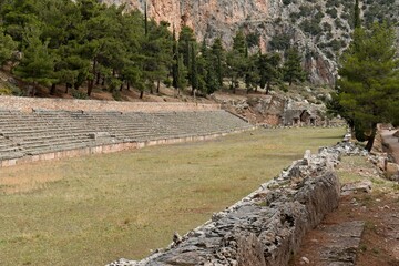 Ruins of the ancient sacred precinct of Delphi. Ancient Stadium. UNESCO. Greece. Europe.