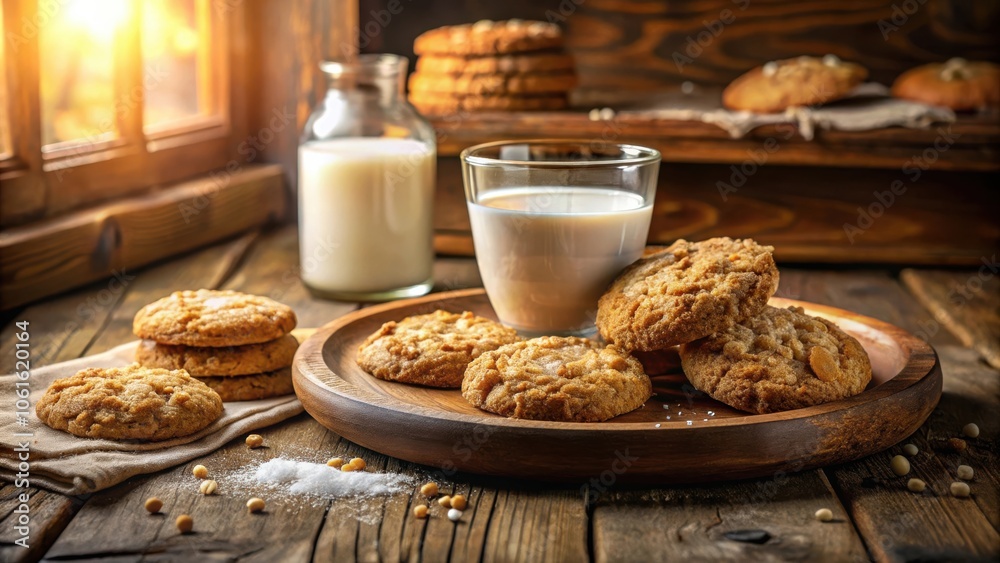 Poster a rustic wooden table setting with a glass of milk and a plate of warm, golden cookies, bathed in so