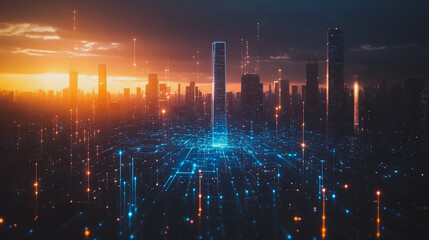 Obraz premium Smart digital city with connection cyber security network reciprocity over the cityscape . future smart wireless digital city and social media networking systems that connects people within the city