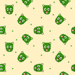 Face leopard green cartoon so cute.star and yellow background.pattern seamless vector illustration.