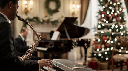 A pianist and saxophonist perform in a grand room adorned with festive decorations, creating a harmonious, elegant holiday atmosphere.