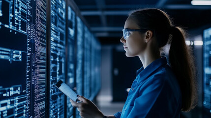focused woman in glasses analyzes data on digital screens in server room, showcasing her expertise in technology and data management