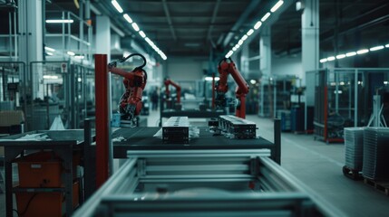 Fototapeta premium In a sleek, modern factory, robotic arms precisely assemble parts, showcasing cutting-edge technology in a high-tech manufacturing environment.