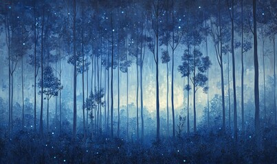 Obraz premium Blue forest with glowing lights.