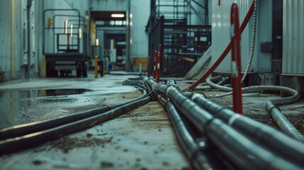 Shiny metal cables snake through an industrial environment, revealing the complexity and energy of modern engineering projects.