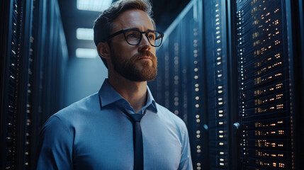 network engineer in data center, focused on implementing telemetry system, surrounded by server racks and glowing lights
