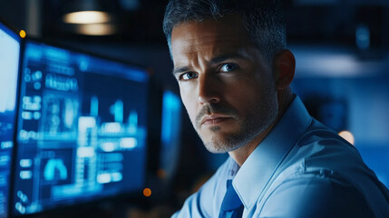 focused man in blue shirt works on computer screens displaying data and graphs, showcasing high tech environment. His serious expression reflects concentration and determination