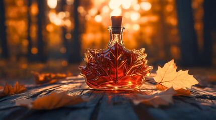 Pure maple syrup glass, authentic bottle canada leaf organic, rich ingredient delicious golden sweet, natural traditional gourmet, flavorful culinary delectable