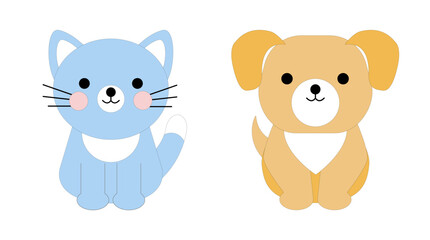 Cute cat and dog isolated on a white background. Kitty and puppy. Vector illustration in flat style, colored icon.