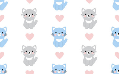 Cute kitty and pink heart isolated on a white background. Seamless pattern in flat style. Childish background with cats for textile, paper, cover, dishes, interior decor.