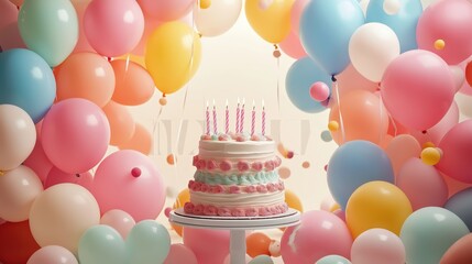 birthday party balloons, colourful balloons background and birthday cake created by ai
