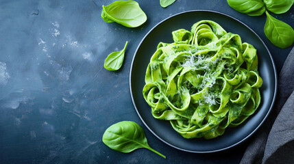 Obraz premium Flavorful pasta spinach top view, enticing copy space italian meal, appetizing dinner lunch food sauce, delicious homemade fresh, creamy Mediterranean culinary