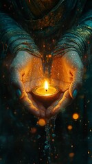 Hands holding a warm, glowing candle in a spiritual setting