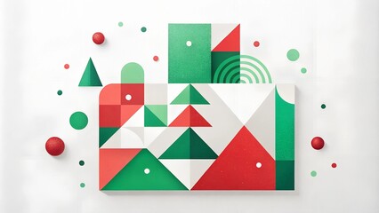 Modern Christmas card with minimalistic abstract design featuring red and green geometric shapes