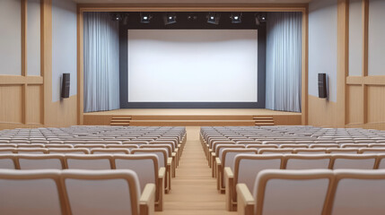 modern Scandinavian minimalist theater featuring light wood panels and spacious seating, creating welcoming atmosphere for audiences