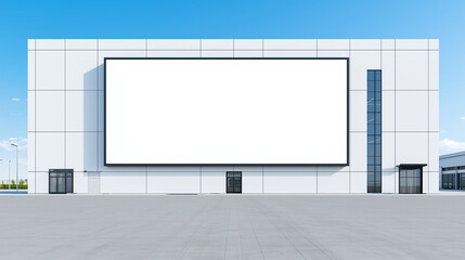 Minimalist digital billboard mockup on modern white building facade. Large blank wall-mounted screen for branding or promotional purposes in sleek urban setting.