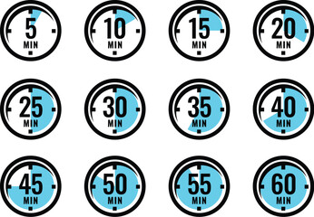 Minute timer icons set. Color signs chronometer, time counter. Countdown timer showing minutes. Deadline or recommended, measurement for cooking. Vector illustration