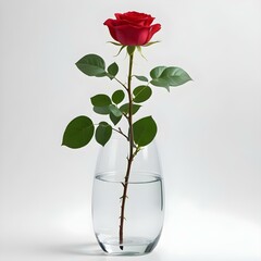 A single red rose accompanied by a few green leaves in a tall, slim transparent pot filled with water