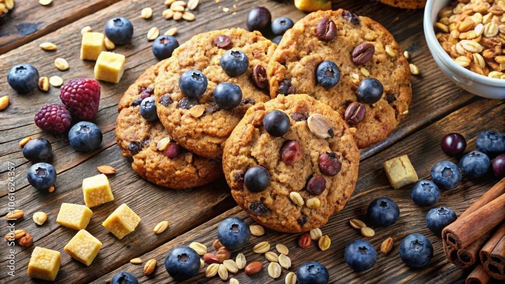 Poster a close-up of delicious homemade cookies with blueberries and nuts on a rustic wooden table