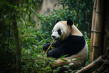 Obraz premium Panda Relaxing in a Clearing of Bamboo Forest Surrounded by Greenery. Panda in Bamboo Forest Setting