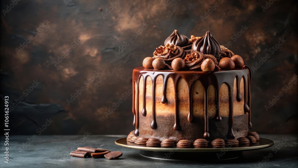Poster a chocolate cake with drizzled chocolate frosting, decorated with chocolate balls and swirls, sits o