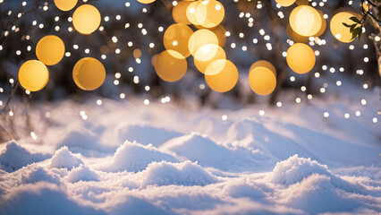 Blurred background of holiday lights with fluffy snow in the foreground