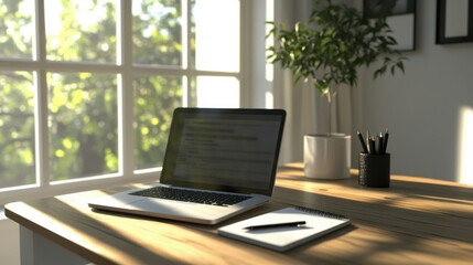 Fototapeta premium Bright workspace with a sleek laptop, notebook, and pen on a wooden desk. A large window allows natural light to fill the area, casting soft shadows.