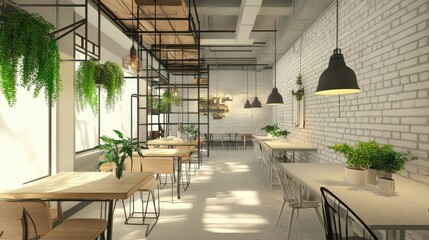 Fototapeta premium Cozy industrial-style loft office with white brick walls, hanging lights, and green plants on the tables. Desks are organized with minimalist decor.