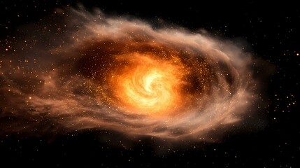 Fototapeta premium A bright, fiery orange spiral in the center of a dark nebula surrounded by faint wisps of orange and white with a sprinkling of stars.