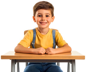 Attentive school boy classroom, focused chair desk sitting child, eager isolated kid education seat, young cheerful learning, student happy studying