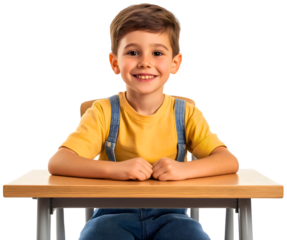 Attentive school boy classroom, focused chair desk sitting child, eager isolated kid education seat, young cheerful learning, student happy studying