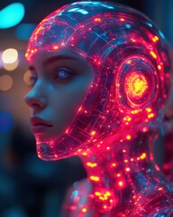 Futuristic Cybernetic Humanoid with Illuminated Neural Circuitry and Transparent Skin, Glowing Red Lights Visualizing Data Flow and High-Tech Interface in a Digital Realm