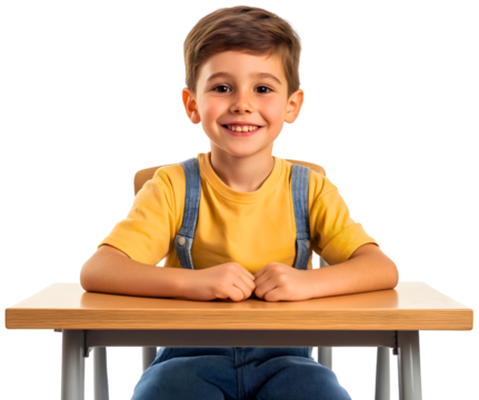 Attentive school boy classroom, focused chair desk sitting child, eager isolated kid education seat, young cheerful learning, student happy studying
