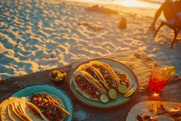 A vibrant spread of tacos with fresh salsa, lime, and toppings, set up for a beach picnic, creating a festive summer vibe. Ideal for food festivals and summer promotions