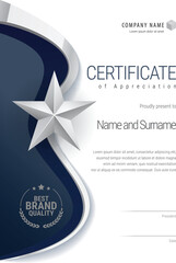 Award certificate with a star design in blue and silver colors. Horizontal template Diploma of modern design or gift certificate. Vector illustration.