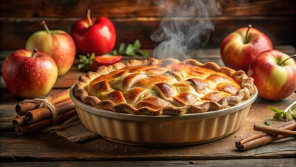 A freshly baked apple pie with a golden crust, steaming hot and surrounded by fresh apples and cinnamon sticks.