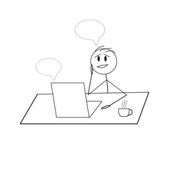 pictogram stick of a man at a desk with a laptop, a cup of coffee, emotions, speech bubbles, online communication