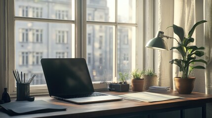Fototapeta premium Well-organized desk with a laptop, notepad, and pen, set against a large window. Simple, clean decor makes it a perfect spot for focused work.