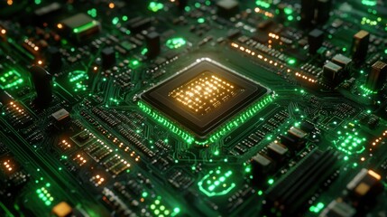 Obraz premium Close-Up of a High-Tech Microchip on a Circuit Board, Illuminated by Warm Orange and green Lights, Depicting Advanced Technology and Modern Network Connections in a Futuristic Digital Environment