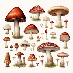 Collection of Red Mushrooms with White Spots