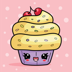 Cute kawaii style cake,funny isolated sweet vector illustration