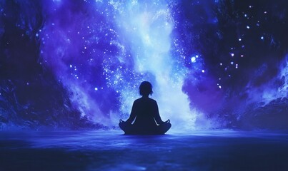 Silhouette meditating in blue, starry light.